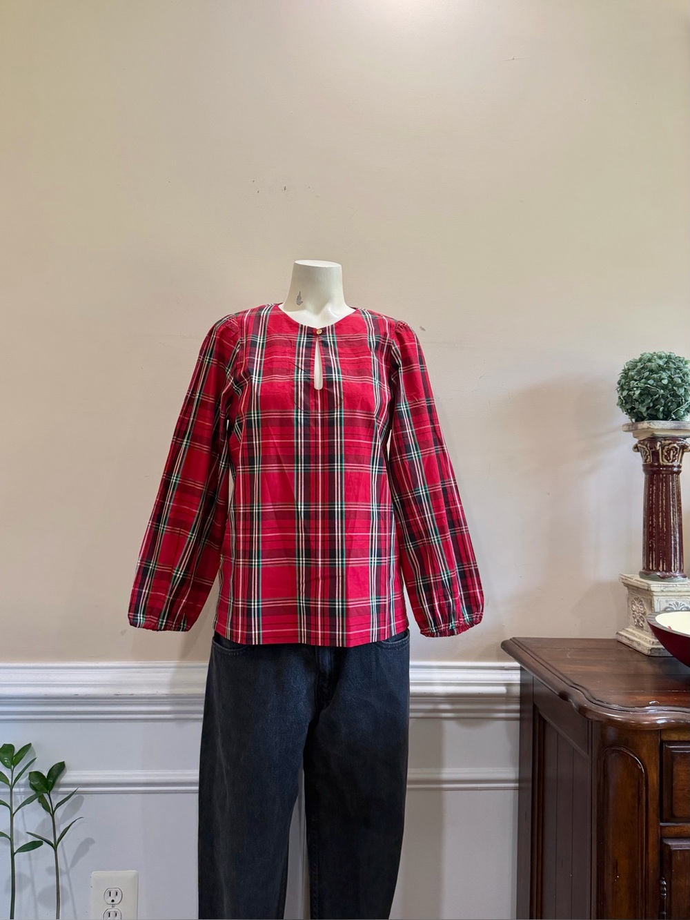 J. Crew Tartan Red Peasant Blouse